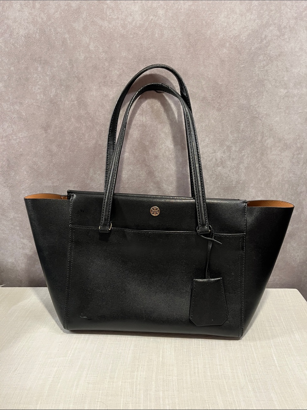 Tori Burch Classic Black Leather Tote Bag